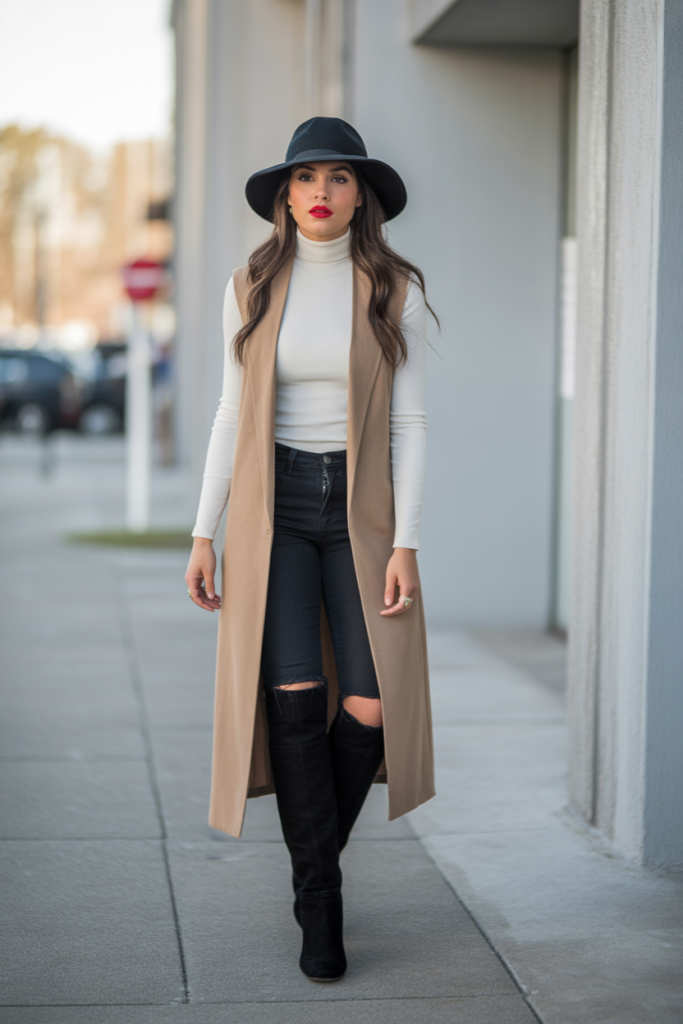 Longline Vest + Skinny Jeans + Knee-High Boots