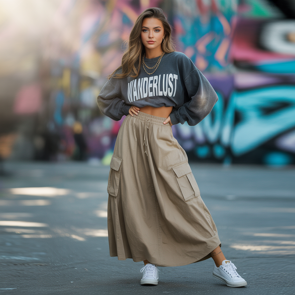 Maxi Cargo Skirt With Graphic Sweatshirt