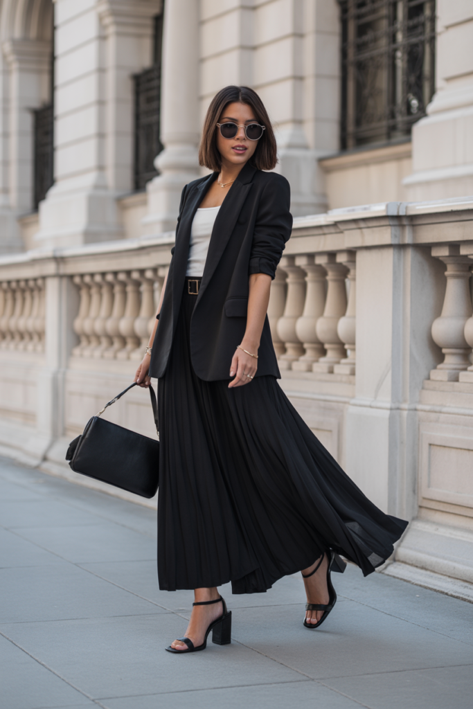 Maxi Skirt + Belted Blazer + Block Heels