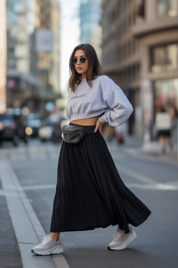 Maxi Skirt + Cropped Sweatshirt + Sneakers