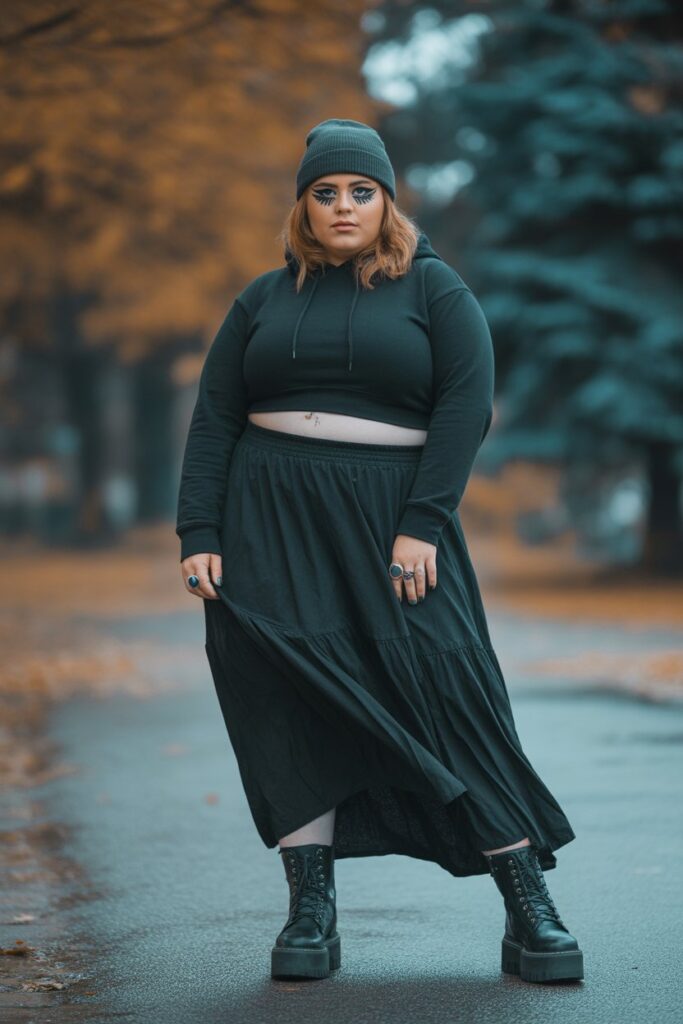 Maxi Skirt With Crop Hoodie And Statement Boots