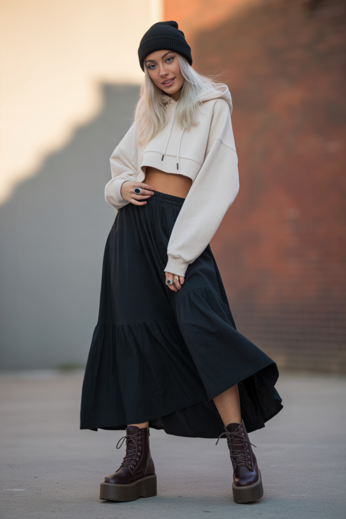 Maxi Skirt With Crop Hoodie And Statement Boots