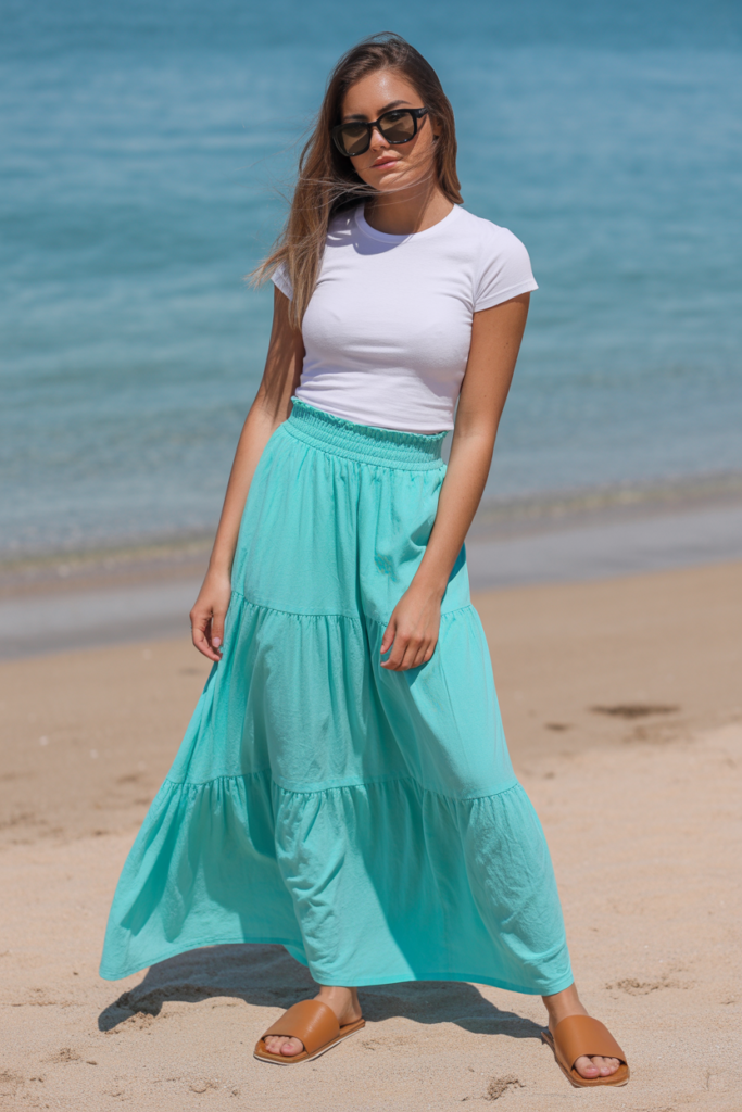 Maxi Skirt With Fitted Tee And Slides