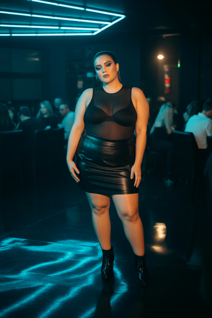 Mesh Bodysuit + Faux Leather Skirt + Ankle Boots