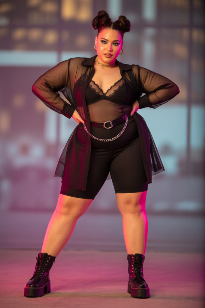 Mesh Dress Over Biker Shorts And Bralette