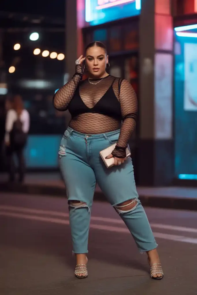 Mesh Top Over Bralette with Jeans and Heels
