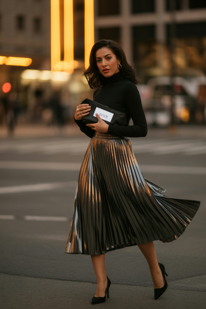 Metallic Midi Skirt + Black Top for a Glamorous Look