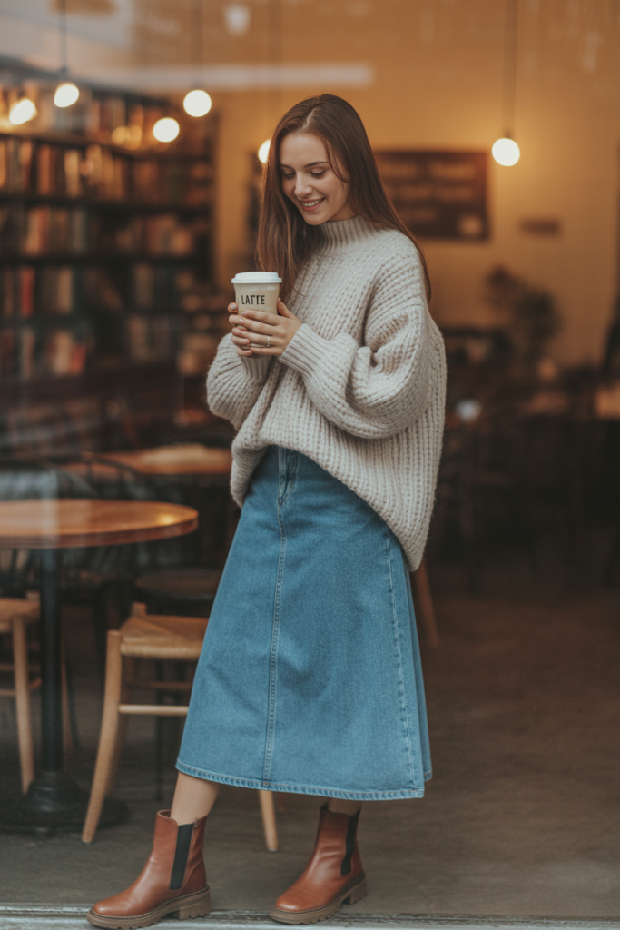 Midi Denim Skirt + Chunky Knit Sweater for Winter Warmth