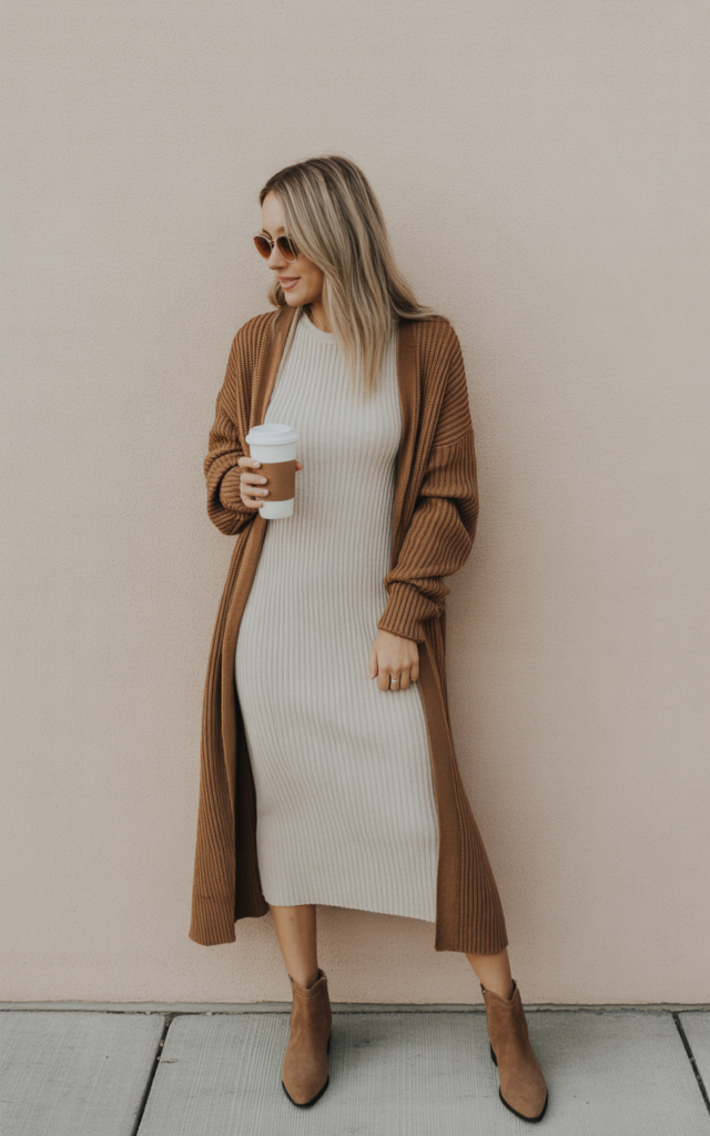 Midi Dress + Long Cardigan + Ankle Boots