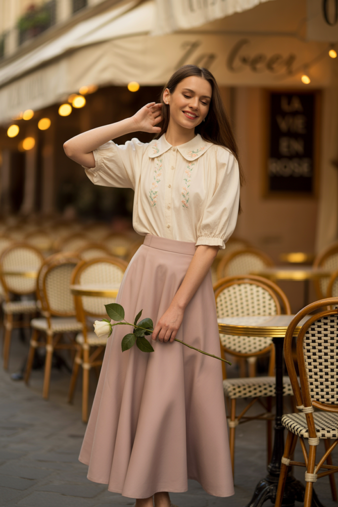 Midi Skirt + Blouse with Puff Sleeves for a Romantic Touch