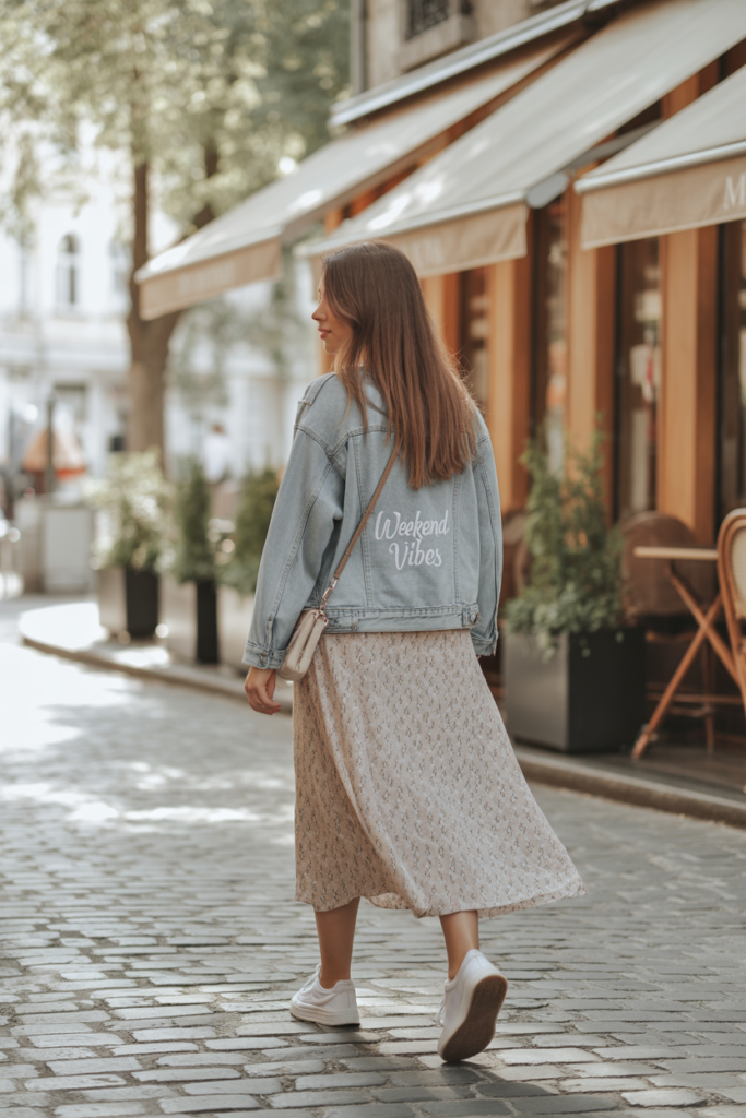 Midi Skirt + Denim Jacket for a Casual Weekend Look