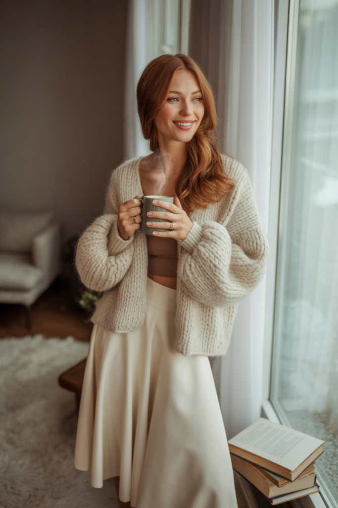 Midi Skirt + Knit Cardigan for a Cozy Look