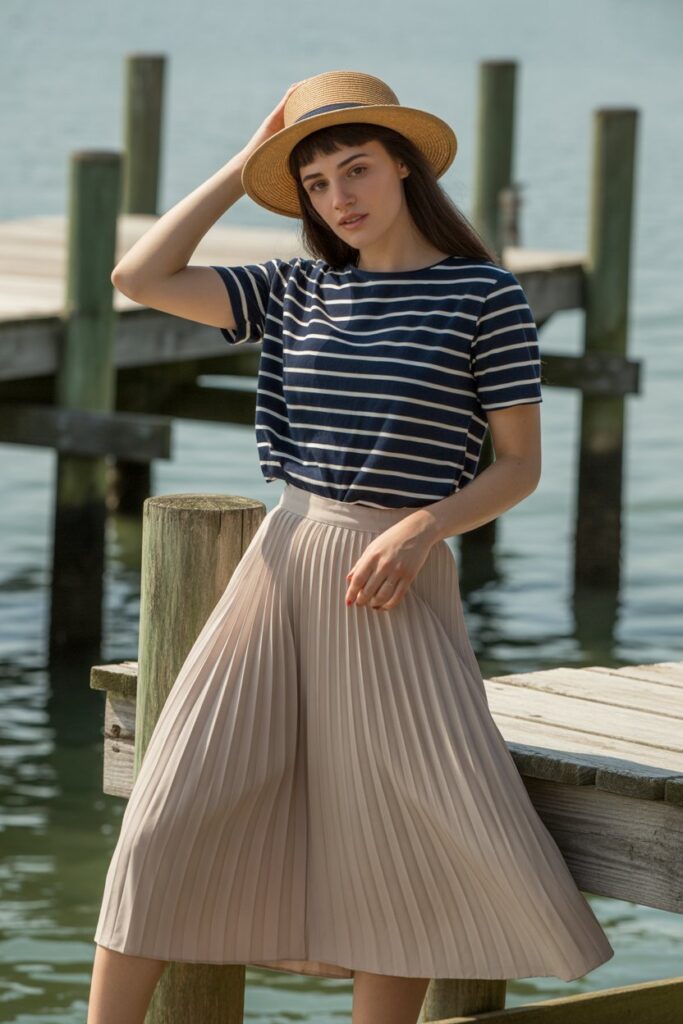 Midi Skirt + Striped Shirt for a Nautical-Inspired Look