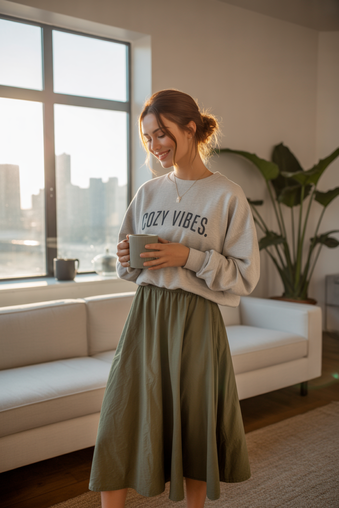 Midi Skirt + Sweatshirt for a Comfortable, Athleisure Look