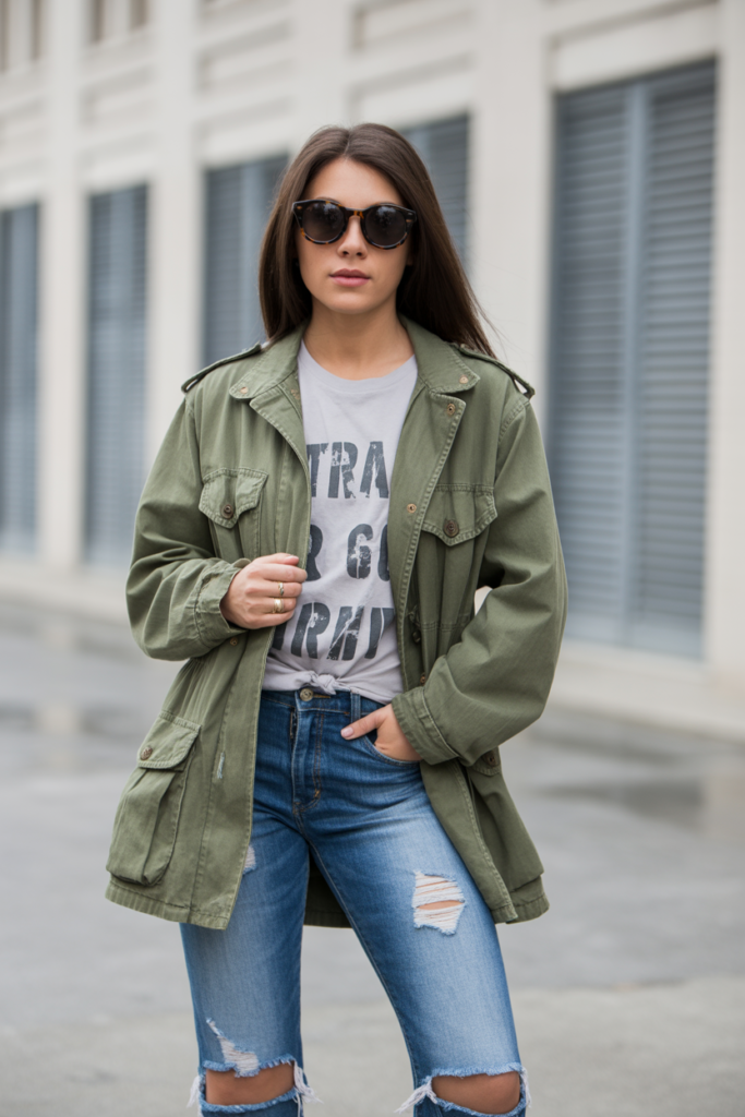 Military Jacket + Distressed Jeans + Graphic Tee