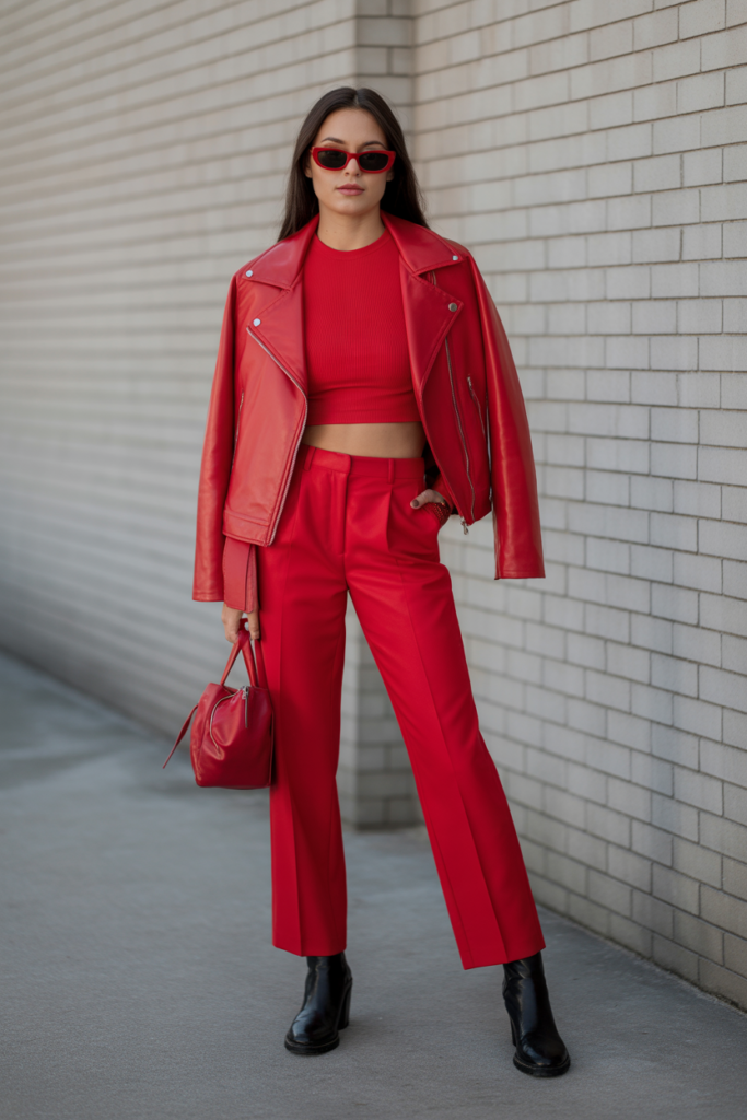 Monochrome Red Outfit + Leather Accents