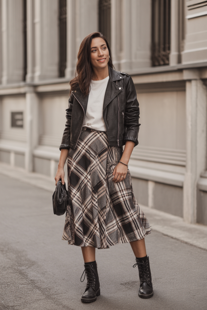 Moto Jacket + Printed Midi Skirt + Boots