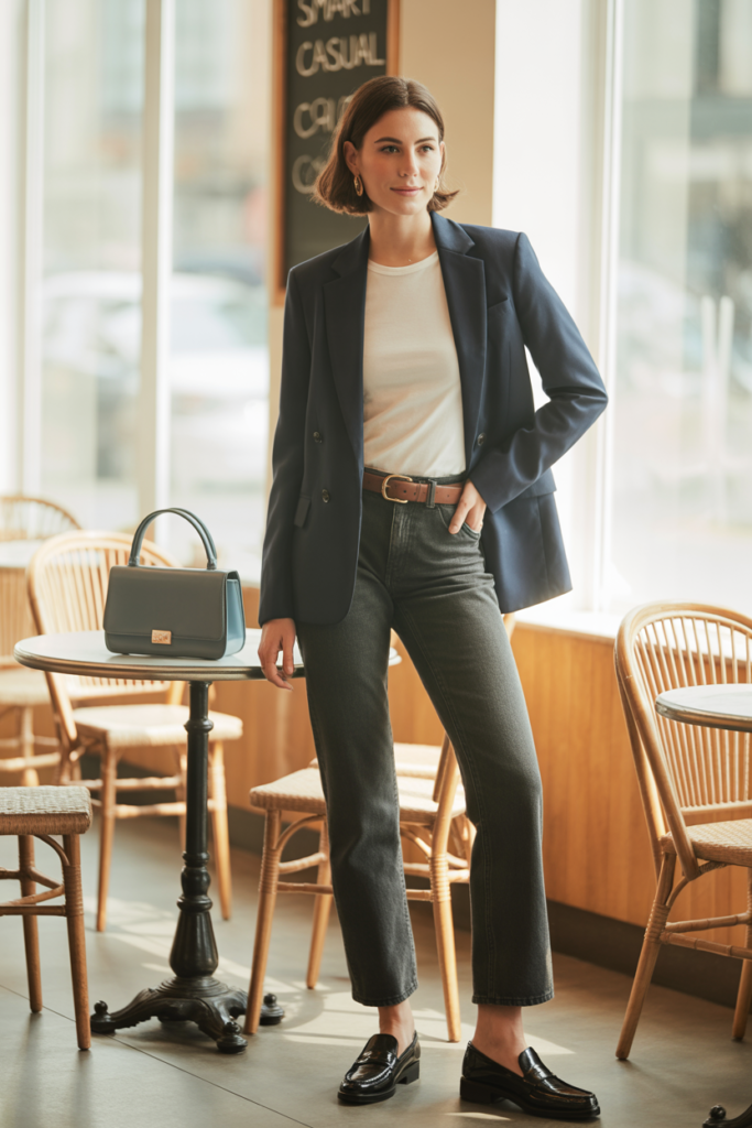 Navy Blazer + Straight-Leg Jeans For Smart Casual
