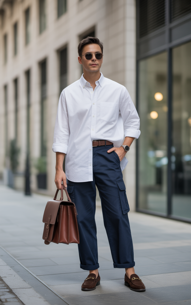 Navy Cargos + Button-Up Shirt + Loafers