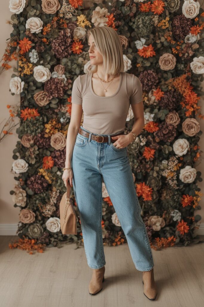 Neutral Bodysuit & Belted Jeans