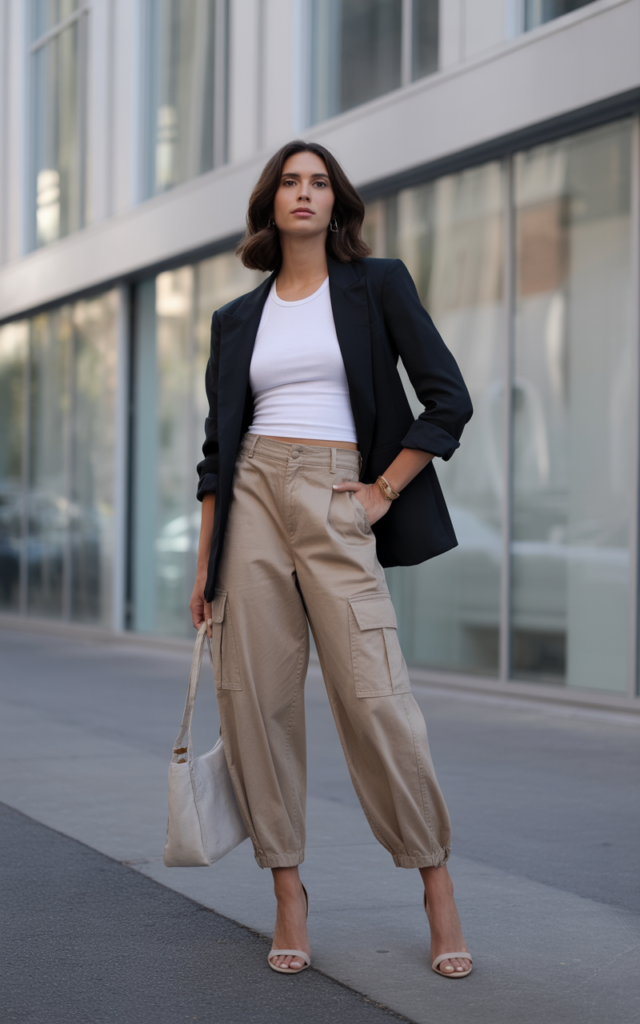 Neutral Cargos + Fitted Tank + Cropped Blazer