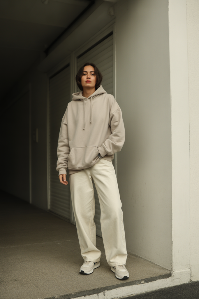 Neutral Hoodie + Cream Baggy Jeans