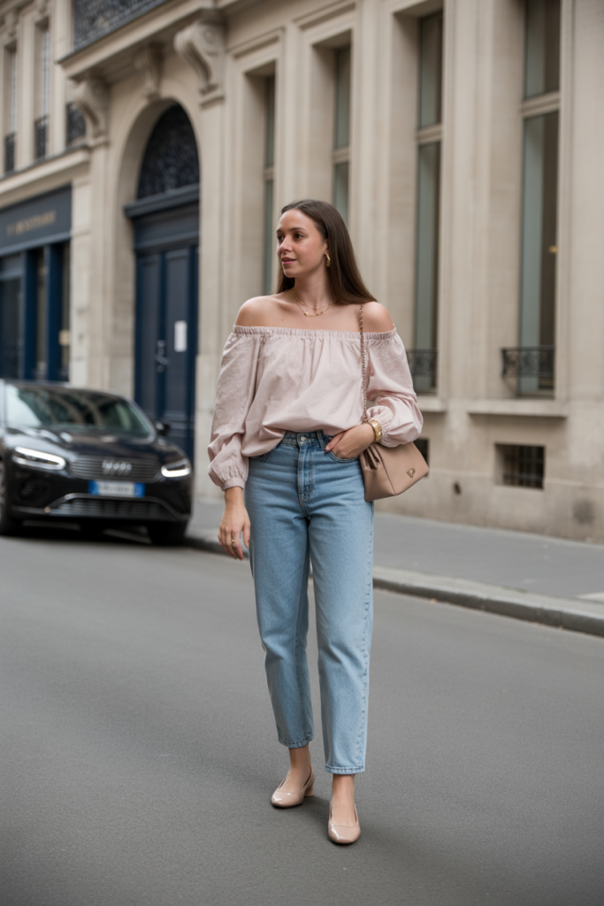 Off-Shoulder Top + Straight-Leg Jeans + Ballet Flats