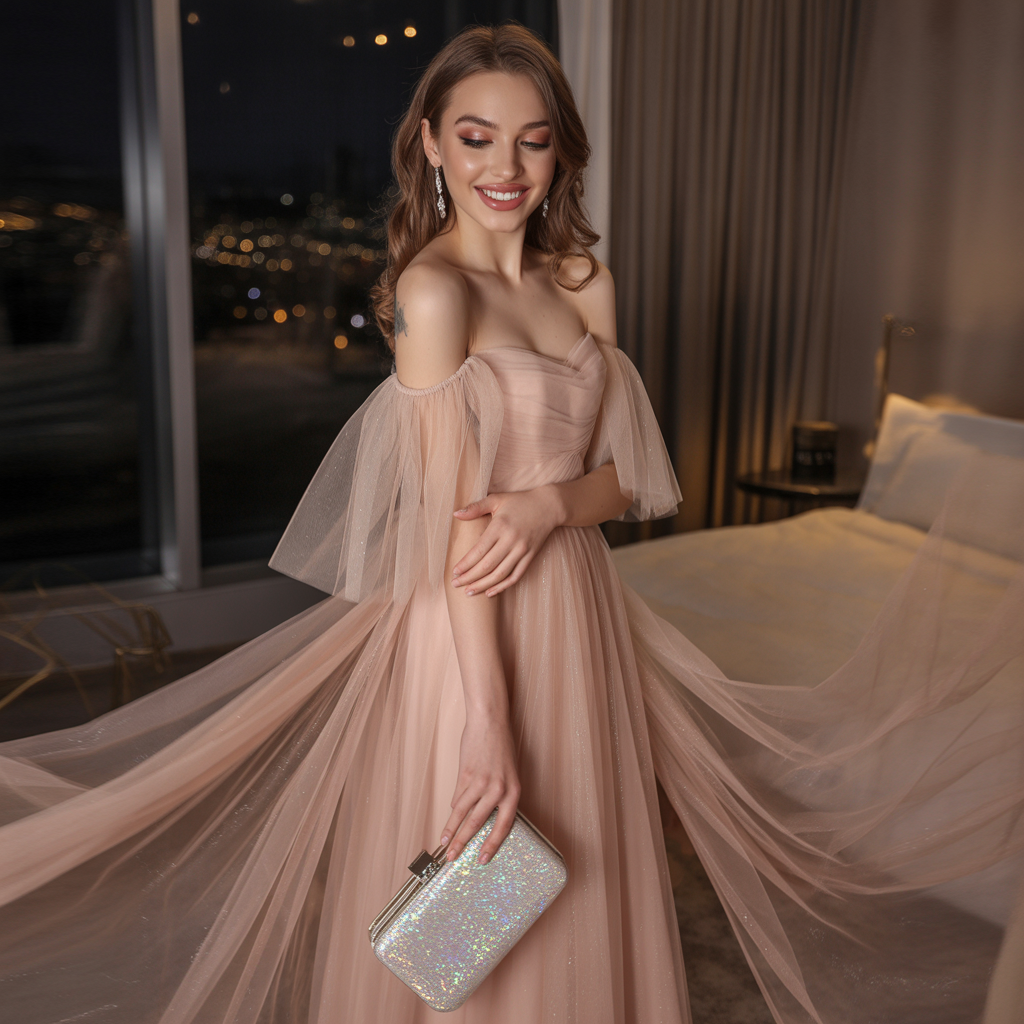 Off-Shoulder Tulle Dress + Glitter Clutch