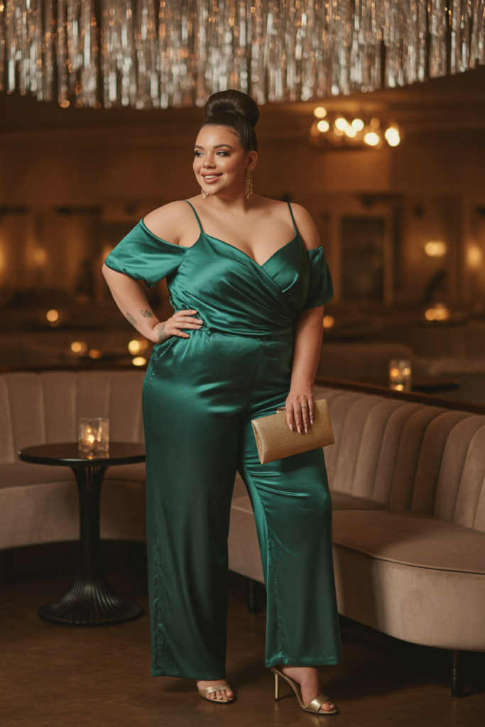 Off-The-Shoulder Jumpsuit + Clutch + Heels