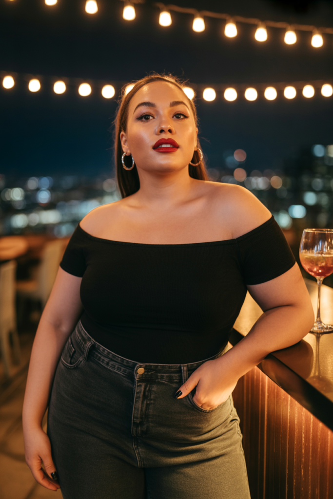 Off-The-Shoulder Top + High-Waisted Jeans + Heeled Sandals