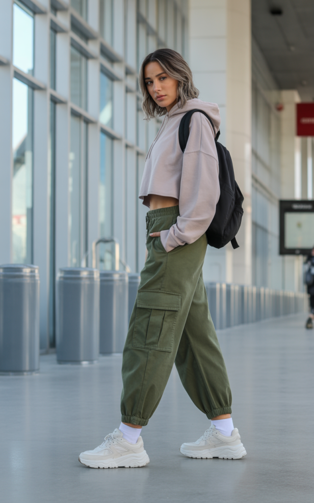 Olive Cargos + Cropped Hoodie + Chunky Sneakers