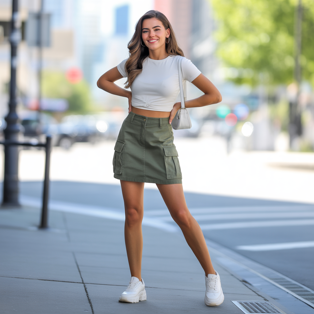 Olive Green Cargo Skirt With Cropped White Tee
