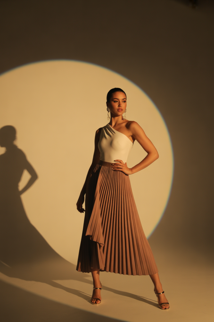 One-Shoulder Bodysuit + Pleated Skirt