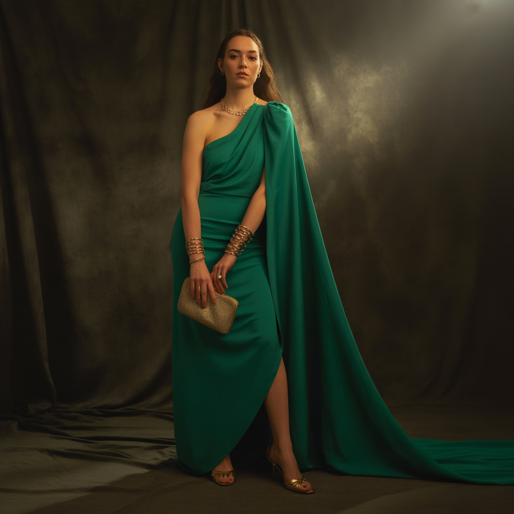 One-Shoulder Dress + Gold Accessories