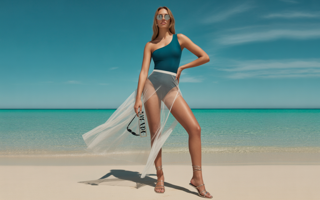 One-Shoulder Swimsuit With Mesh Skirt