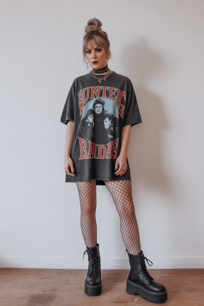 Oversized Band Tee + Fishnet Tights + Platform Boots