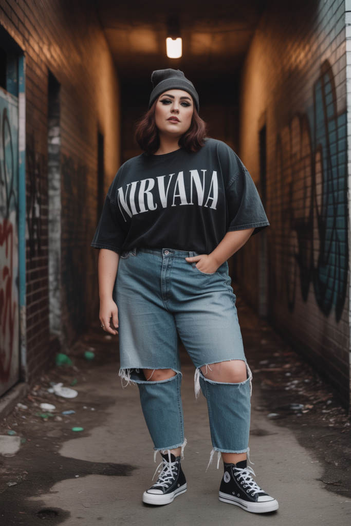 Oversized Band Tee With Ripped Jeans And Platform Shoes
