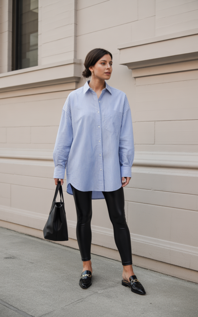 Oversized Button-Up + Leggings + Mules