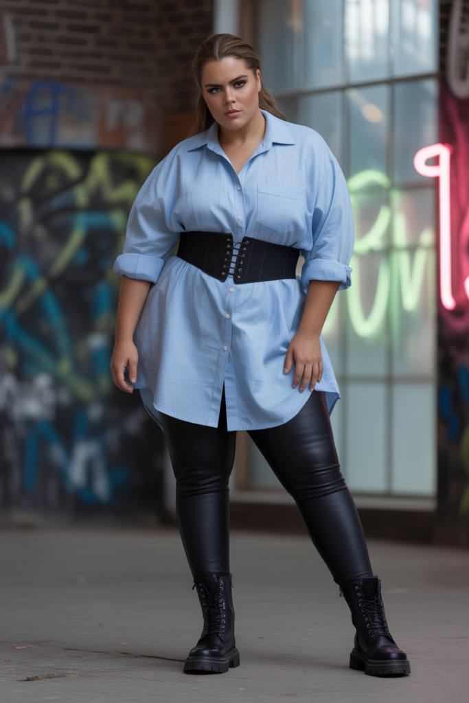 Oversized Button-Up With Corset Belt And Leggings