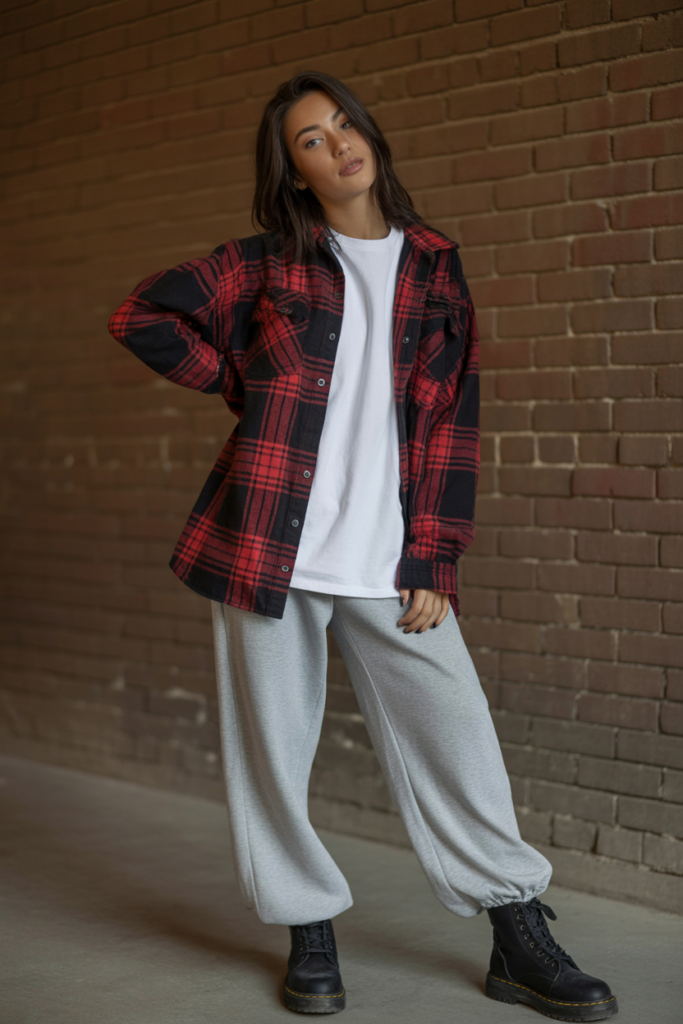 Oversized Flannel Shirt With Loose Sweatpants