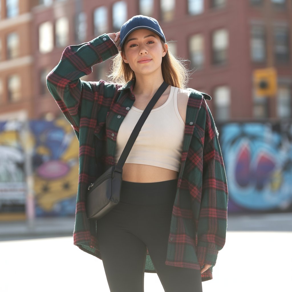 Oversized Flannel With Crop Top And Leggings