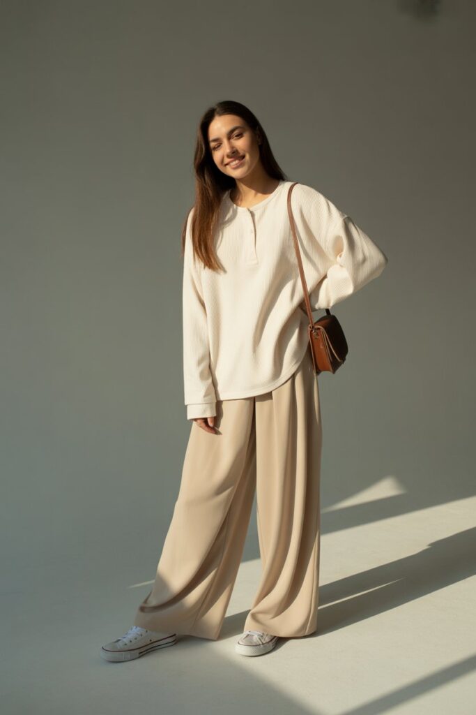 Oversized Henley Shirt With Wide-Leg Trousers