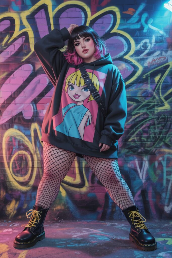 Oversized Hoodie With Fishnet Tights