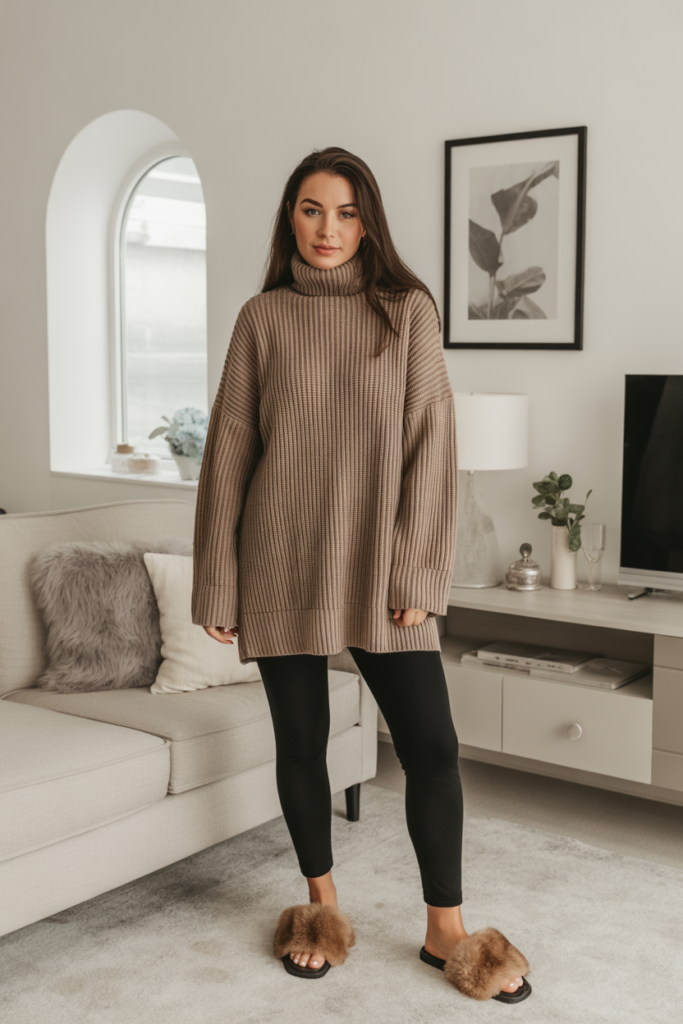 Oversized Turtleneck + Leggings + Fur Slides