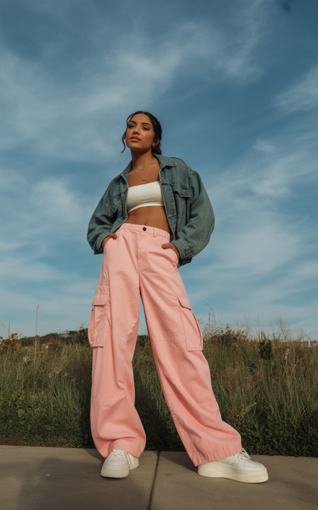 Parachute Cargos + Bandeau + Denim Jacket