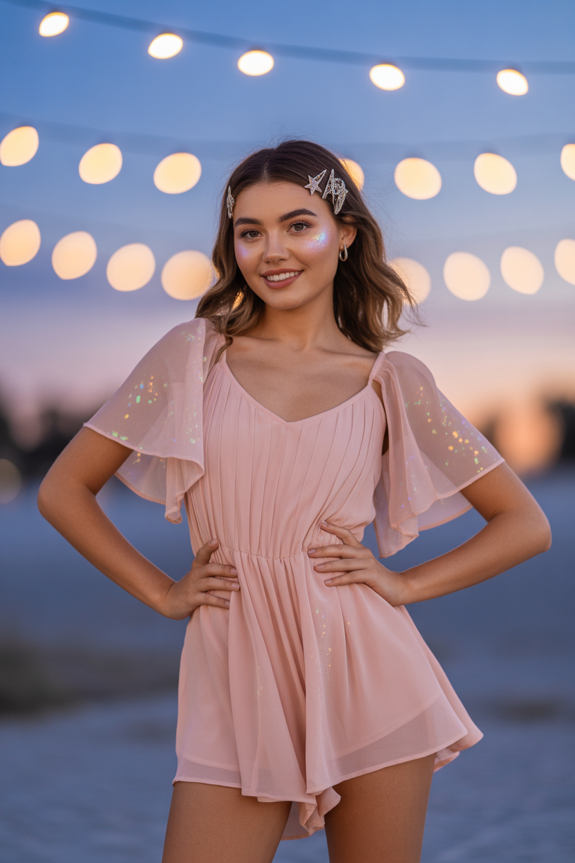 Pastel Romper + Star Clip Hair Accents For A Pixie Look
