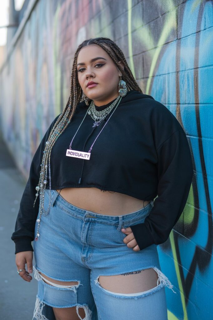 Patchwork Jeans With Cropped Hoodie And Beaded Hair