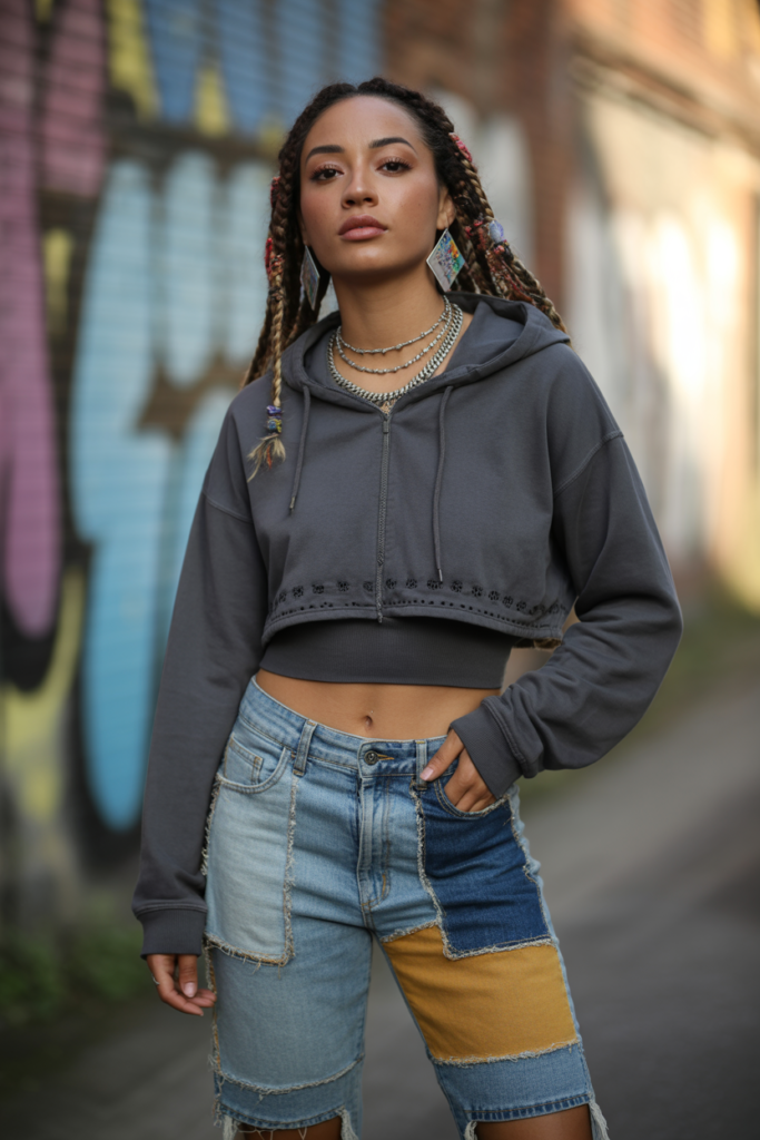 Patchwork Jeans With Cropped Hoodie And Beaded Hair