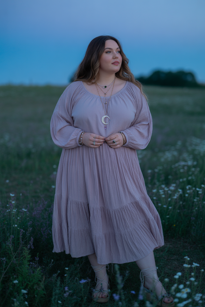 Peasant Blouse + Tiered Skirt + Moon Necklace