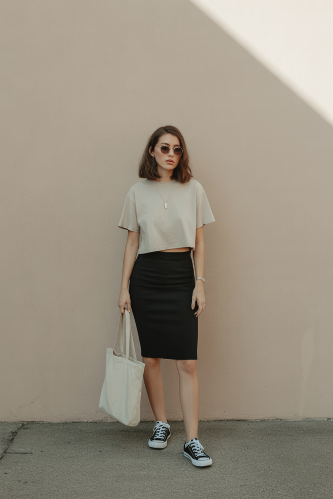 Pencil Skirt + Boxy Tee + Sneakers
